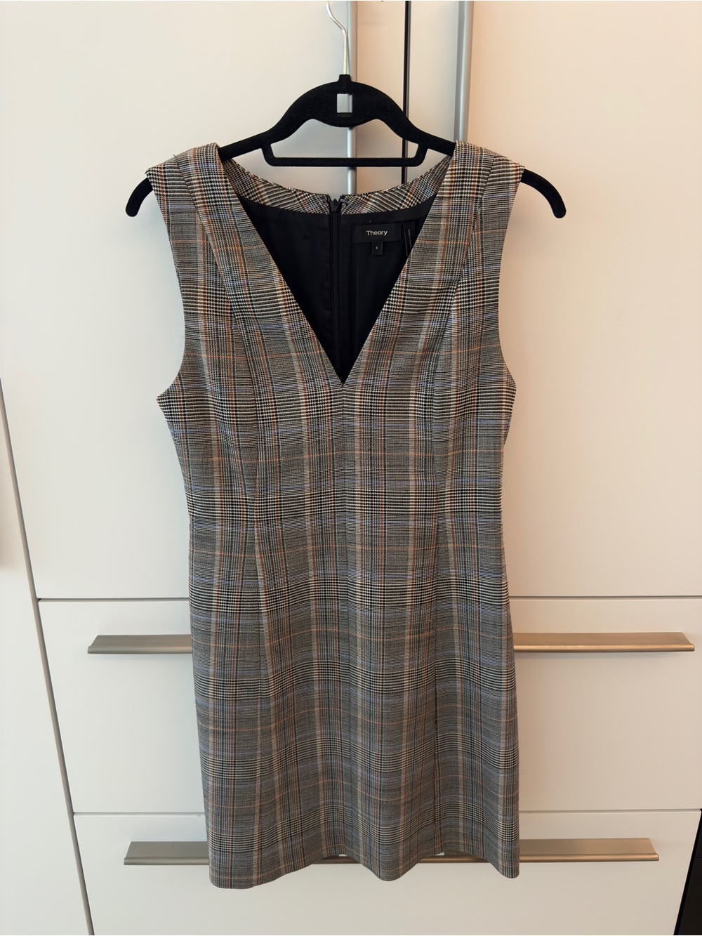 Theory Gray Glen Plaid V-Neck Sheath Dress
